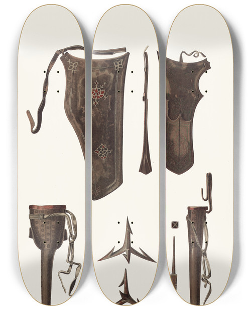 Triptych art skateboard deck of Fedor Grigoryevich Solntsev Naluchie Kolchan Chushka Chesnokovinka I Pulia 1612 Goda Khraniashchiesia V Troitskoi Lavre by Fedor Grigoryevich Solntsev (1801-1892)
