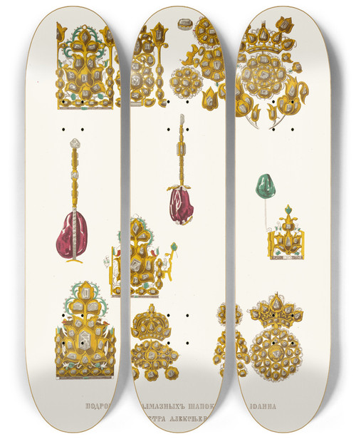Triptych art skateboard deck of Fedor Grigoryevich Solntsev Podrobnosti Almaznikh Shapok Tsarei Ioanna I Petra Alekseevichei by Fedor Grigoryevich Solntsev (1801-1892)