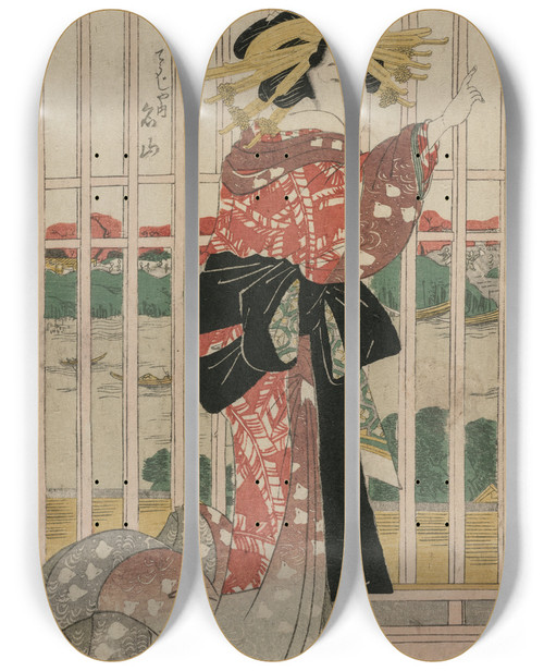 Triptych art skateboard deck of Kikukawa Eizan The Courtesan Meizan Of The Chojiya On A Balcony Overlooking The Sumida River by Kikukawa Eizan (1787-1867)