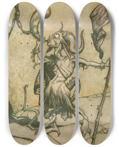 Triptych art skateboard deck of Arthur Rackham The Horn At The Gate Of The Barbican Tower Was Blown With A Loud Twentytrumpeter Power by Arthur Rackham (1867-1939)