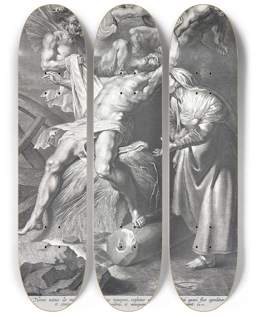 Triptych art skateboard deck of Lucas Emil Vorsterman Job Tormented By Demons And Abused By His Wife by Lucas Emil Vorsterman (1595-1675)