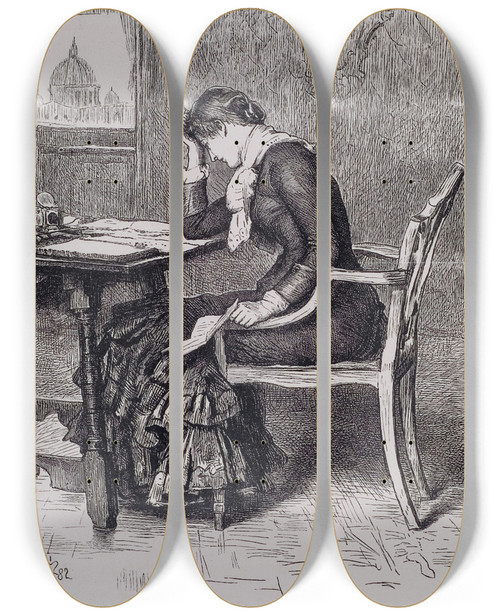 Triptych art skateboard deck of Sir John Everett Millais Kept In The Dark When The Letter Was Completed She Found It To Be One Which She Could Not Send by Sir John Everett Millais (1829-1896)