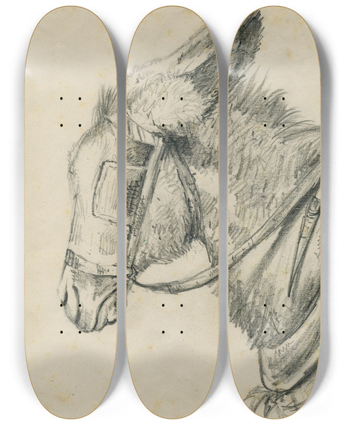 Triptych art skateboard deck of Floris Verster Head Of A Donkey With Rein And Blinker by Floris Verster (1861-1927)