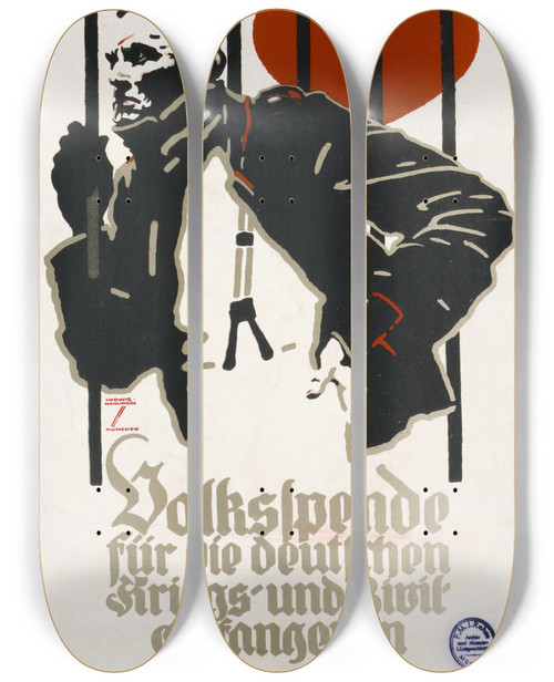 Triptych art skateboard deck of Ludwig Hohlwein Volkspende Fr Die Deutschen Kriegsund Zivilgefangenen by Ludwig Hohlwein (1874-1949)