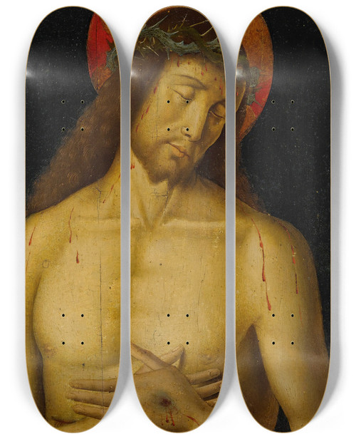 Triptych art skateboard deck of Giovanni Santi Christ As The Man Of Sorrows by Giovanni Santi (1435-1494)