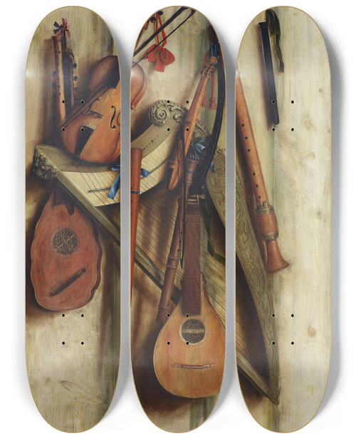 Triptych art skateboard deck of Cornelius Norbertus Gijsbrechts Board Partition With Musical Instruments Trompe Loeil by Cornelius Norbertus Gijsbrechts (1630-1675)