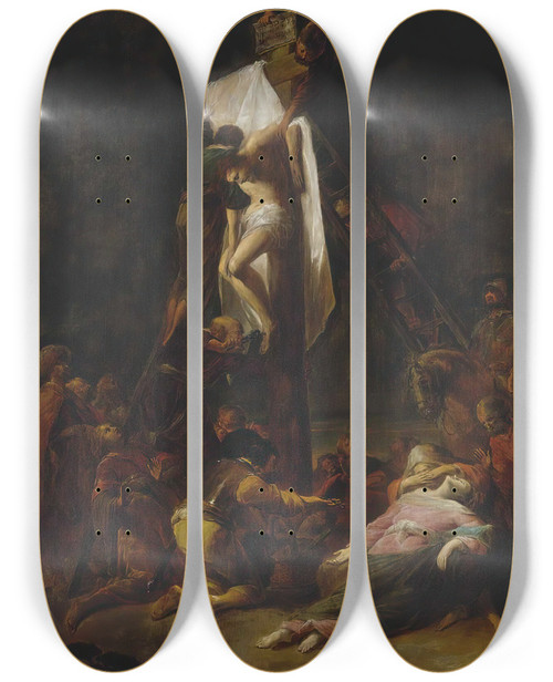 Triptych art skateboard deck of Leonaert Bramer The Descent From The Cross by Leonaert Bramer (1596-1674)