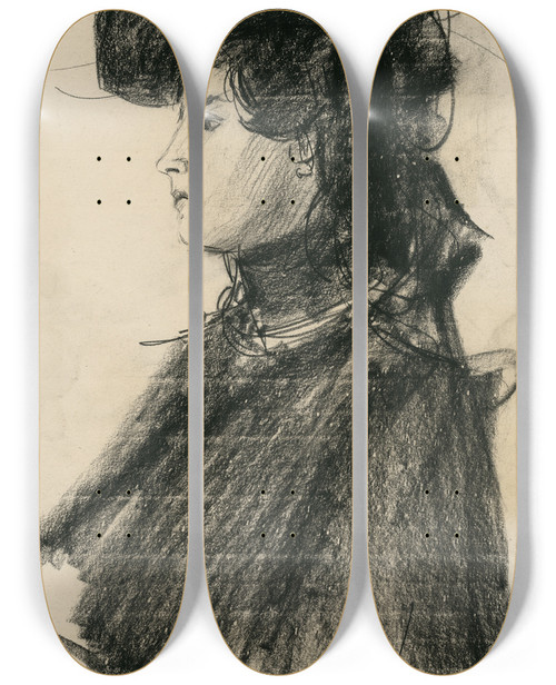 Triptych art skateboard deck of Isaac Israls Vrouw Met Hoed En Pelerine by Isaac Israels (1865-1934)