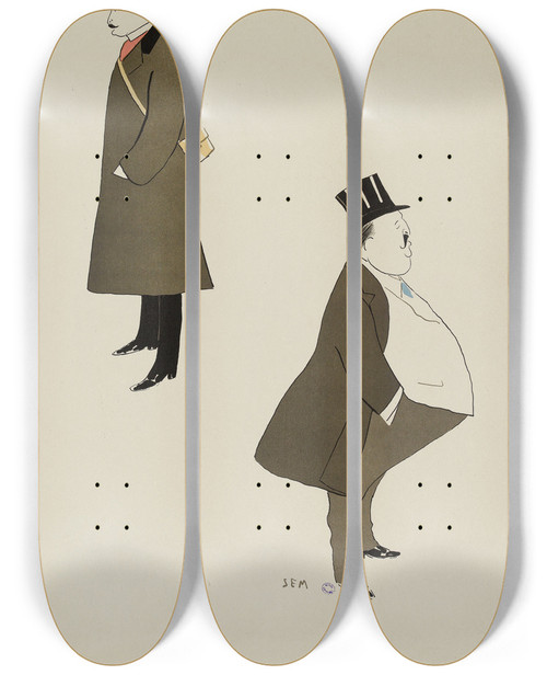 Triptych art skateboard deck of Georges Goursat Sem Comte De Fels Et Un Autre Personnage by Georges Goursat (Sem) (1863-1934)