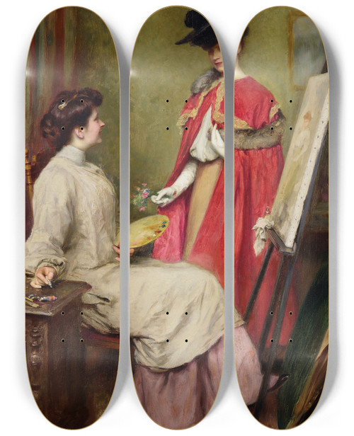 Triptych art skateboard deck of Mile Friant Larrive Du Modle by mile Friant (1863-1932)