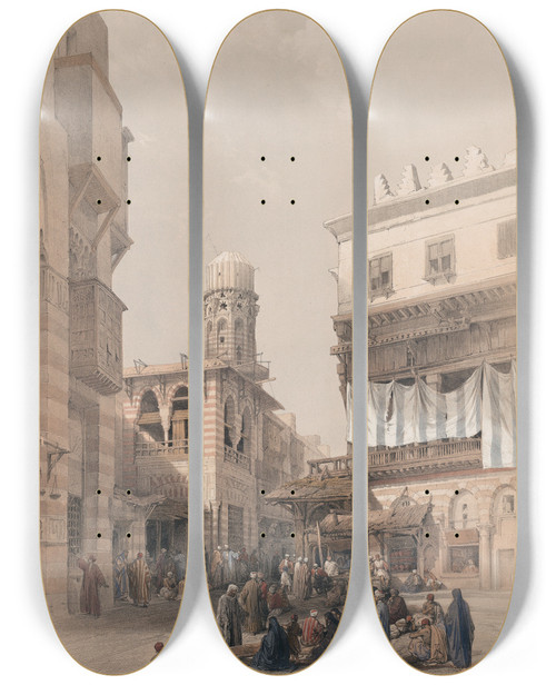 Triptych art skateboard deck of David Roberts Bazaar Of The Coppersmiths Cairo by David Roberts (1796-1864)