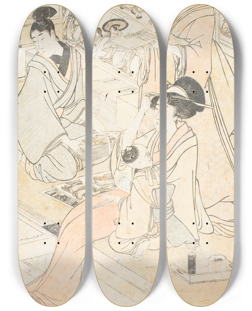 Triptych art skateboard deck of Kitagawa Utamaro Woodblock Printer Distributing New Prints by Kitagawa Utamaro (1753-1806)