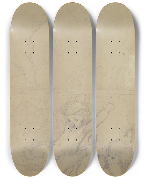 Triptych art skateboard deck of Victor Mller Ein Weinglas Und Einen Apfel Schwenkende Putten Dazwischen Ein Hase by Victor Muller (1829-1871)