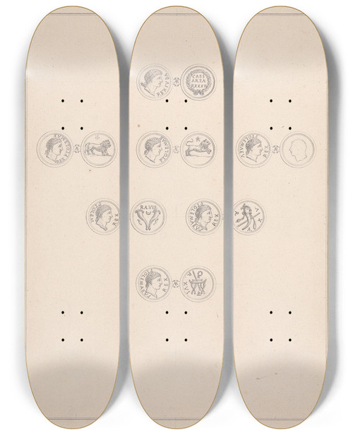 Triptych art skateboard deck of Luigi Balugani Coins Of Juba Ii And Ptolemay by Luigi Balugani (1737-1770)