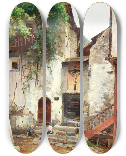 Triptych art skateboard deck of Ernestine Von Kirchsberg Aus Tirol by Ernestine Von Kirchsberg (1857-1924)