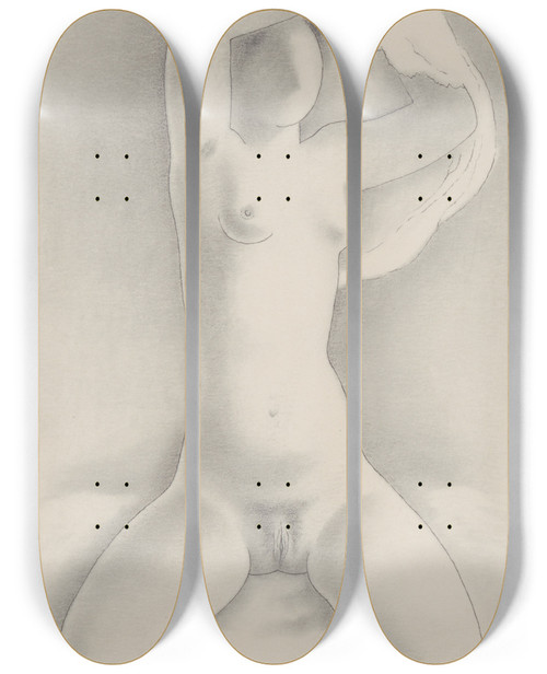 Triptych art skateboard deck of Mikul Galanda Woman With Shirt Viii by Mikulas Galanda (1895-1938)