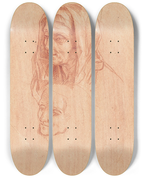Triptych art skateboard deck of Carlo Maratti Two Studies For The Head Of An Old Woman by Carlo Maratti (1625-1713)