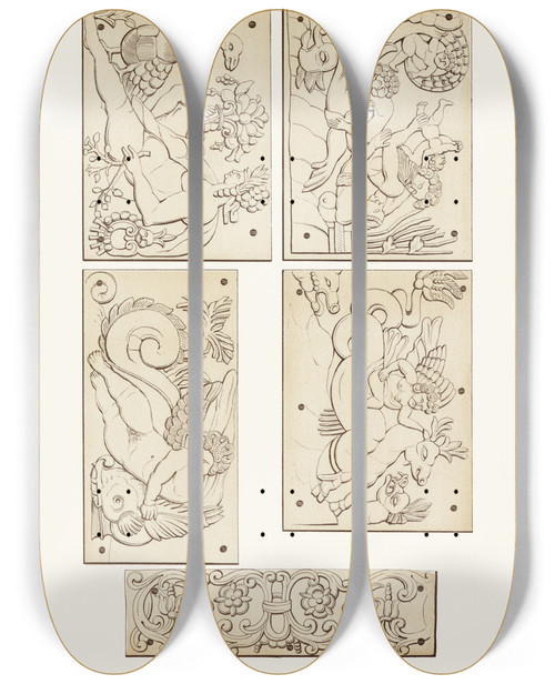 Triptych art skateboard deck of Fedor Grigoryevich Solntsev Ocherki Rezby Po Slonovoi Kosti Na Trone Ioanna Iii Izobrazhenie 13 by Fedor Grigoryevich Solntsev (1801-1892)