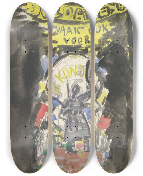 Triptych art skateboard deck of Leo Gestel Ontwerpschets Affiche Voor Propaganda Kunstbescherming In Het Leger Schets Van Soldaat Frontaal Gezien Staand Op Een Bakstenen Muurtje Erboven De Tekst Soldaten Waakt Ook Voor Kunst by Leo Gestel (1881-1941)