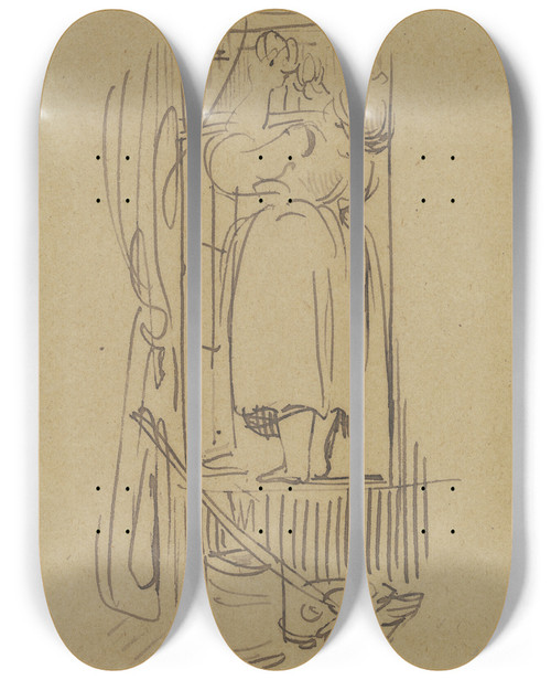 Triptych art skateboard deck of Wilhelm Busch Frau Knopp Beim Fensterputz by Wilhelm Busch (1832-1908)