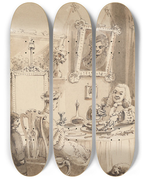 Triptych art skateboard deck of John Thomas Smith Hogarth Drinking The First Glass Of Wine With His Wife Their Dogs Keeping Respectful Distances by John Thomas Smith (1766-1833)