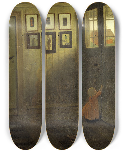 Triptych art skateboard deck of Ivar Arosenius The Girl At The Door Interior Of The Artists Home Lvngen by Ivar Arosenius (1878-1909)