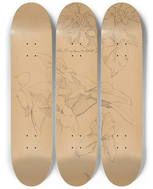 Triptych art skateboard deck of Johan Thomas Lundbye Bladstudier Bla Af En Kala Verst Blyantskrads Af Fronton by Johan Thomas Lundbye (1818-1848)