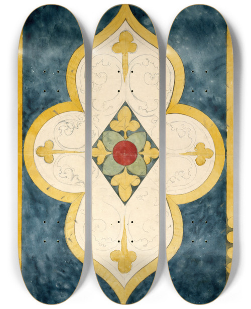 Triptych art skateboard deck of Prosper Lafaye Relev Dun Panneau De Vitrail Dcor Gomtrique Et Vgtal_1 by Prosper Lafaye (1806-1883)