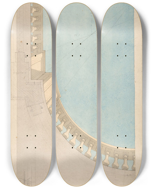 Triptych art skateboard deck of Julesedmondcharles Lachaise Perspectival Study For One Quadrant Of A Ceiling Design Including A Trompe Loeil Balustrade by Jules-Edmond-Charles Lachaise (1897)