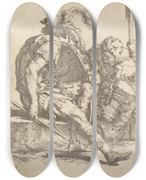 Triptych art skateboard deck of Salvator Rosa Four Soldiers One Seated On A Stone At The Left by Salvator Rosa (1615-1673)