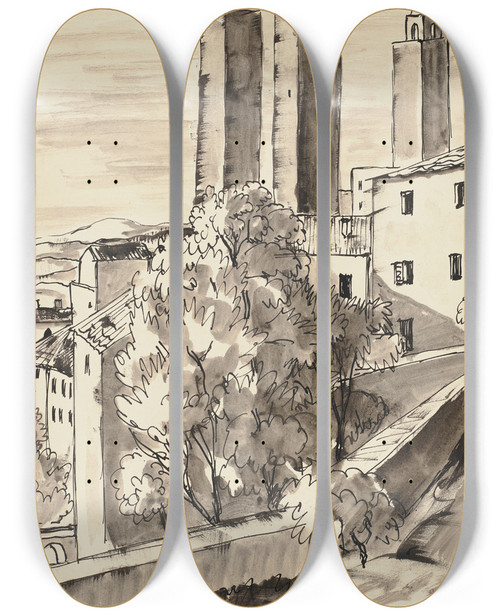 Triptych art skateboard deck of Hermann Lismann San Gimignano_2 by Hermann Lismann (1878-1943)