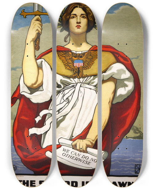 Triptych art skateboard deck of Kenyon Cox The Sword Is Drawn The Navy Upholds It by Kenyon Cox (1856-1919)