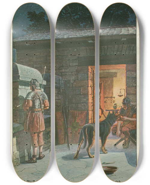 Triptych art skateboard deck of Carl Nebel Saalburg Auf Wache On Guard by Carl Nebel (1805-1855)