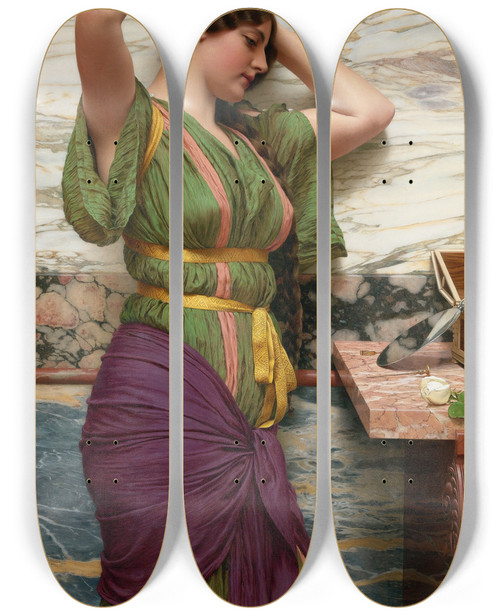 Triptych art skateboard deck of John William Godward A Fair Reflection by John William Godward (1861-1922)