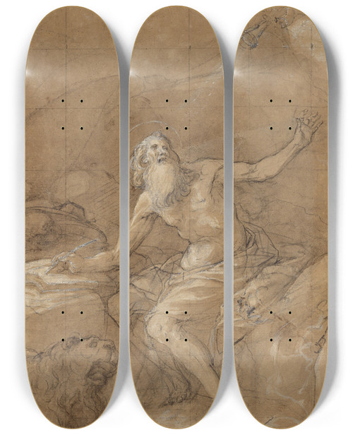 Triptych art skateboard deck of Vicente Carducho St Jerome Hearing The Trumpet Of The Last Judgment by Vicente Carducho (1576-1638)