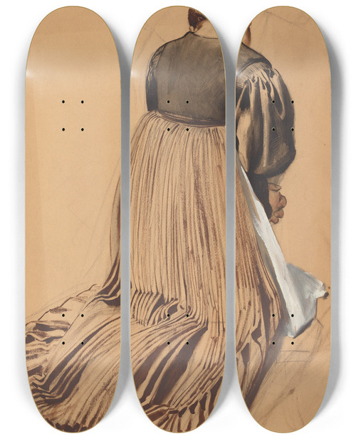 Triptych art skateboard deck of Konrad Bse Kneeling Woman From Behind by Konrad Bose (1852-1938)