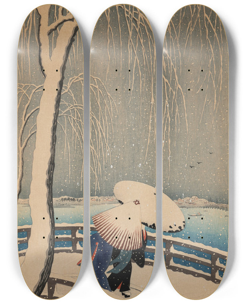 Triptych art skateboard deck of Ohara Koson Umbrellas In Snow_1 by Ohara Koson (1877-1945)
