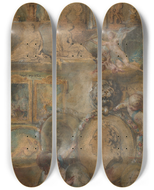 Triptych art skateboard deck of Gabriel De Saintaubin Allegory Of Louis Xv As Patron Of The Arts With Paintings And Sculpture From The Salon Of 1769 by Gabriel de Saint-Aubin (1724-1780)