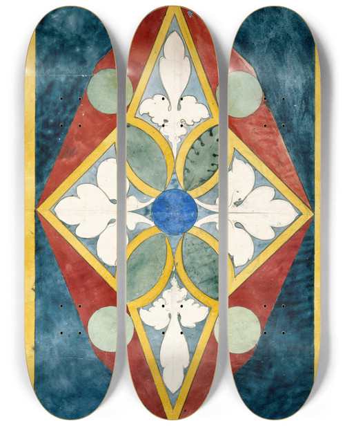 Triptych art skateboard deck of Prosper Lafaye Relev Dun Panneau De Vitrail Dcor Gomtrique Et Vgtal_2 by Prosper Lafaye (1806-1883)