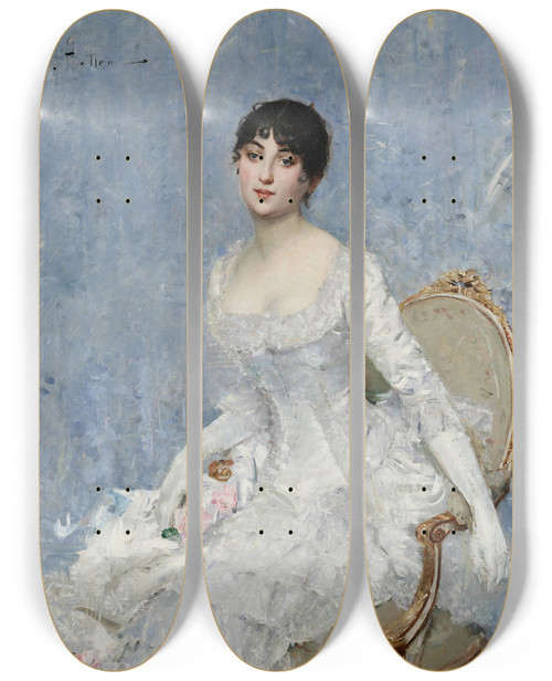 Triptych art skateboard deck of Paul Csar Helleu Young Lady In White by Paul Cesar Helleu (1859-1927)