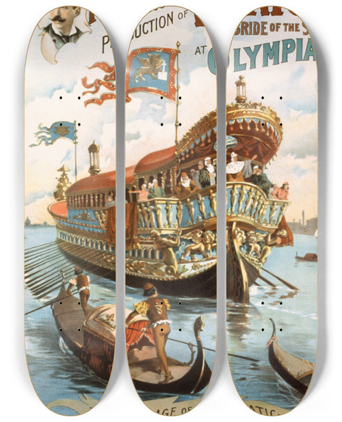 Triptych art skateboard deck of Strobridge Co Lith Imre Kiralfys Gorgeous Production Of Venice The Bride Of The Sea At Olympia by Strobridge Co Lith (1847)