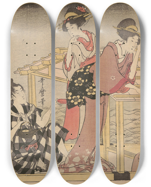 Triptych art skateboard deck of Kitagawa Utamaro Fishing With A Fourarmed Scoopnet Yotsu Deami Left Component Of Triptych by Kitagawa Utamaro (1753-1806)