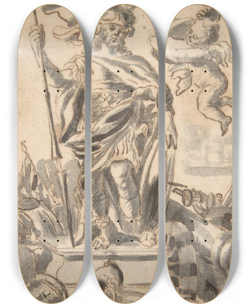 Triptych art skateboard deck of William Faithorne The Elder Design For A Book Illustration_1 by William Faithorne The Elder (1616-1691)