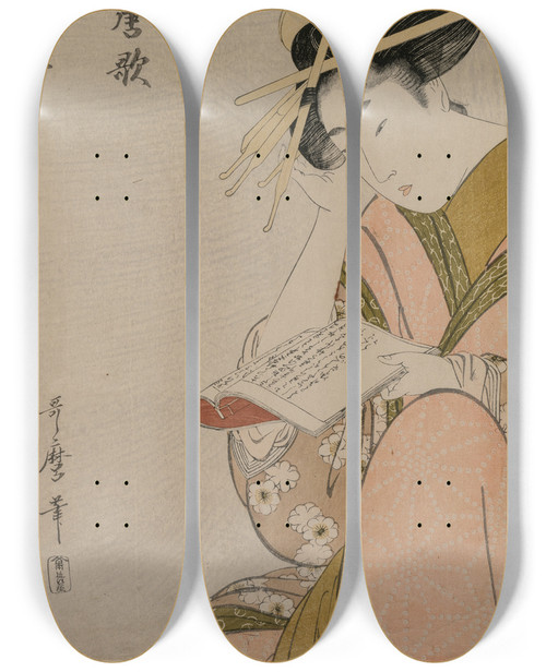Triptych art skateboard deck of Kitagawa Utamaro The Courtesan Karauta Of Chojiya Reading A Book From The Series Six Authors Of The Green Houses by Kitagawa Utamaro (1753-1806)