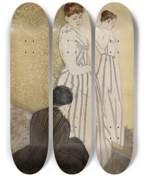 Triptych art skateboard deck of Mary Cassatt The Fitting_1 by Mary Cassatt (1844-1926)