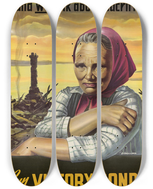 Triptych art skateboard deck of Roger Couillard And We Talk About Sacrifice by Roger Couillard (1910-1999)