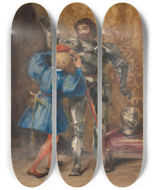 Triptych art skateboard deck of Eugne Delacroix Goetz Von Berlichingen Being Dressed In Armor By His Page George by Eugene Delacroix (1798-1863)
