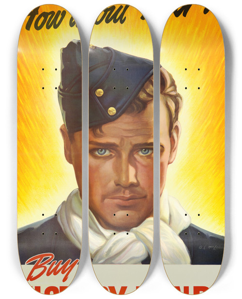 Triptych art skateboard deck of Alex Mclaren How About You Buy Victory Bonds by Alex Mclaren (20-)