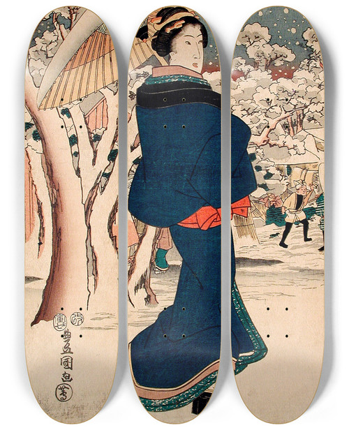 Triptych art skateboard deck of Utagawa Kunisada Toyokuni Iii Famous Places In The Eastern Capital The Yearend Fair At Asakusa by Utagawa Kunisada (Toyokuni III) (1786-1865)