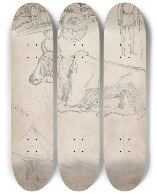 Triptych art skateboard deck of William Simpson Sketches Of A Cart Soldiers And An Ox by William Simpson (1823-1899)